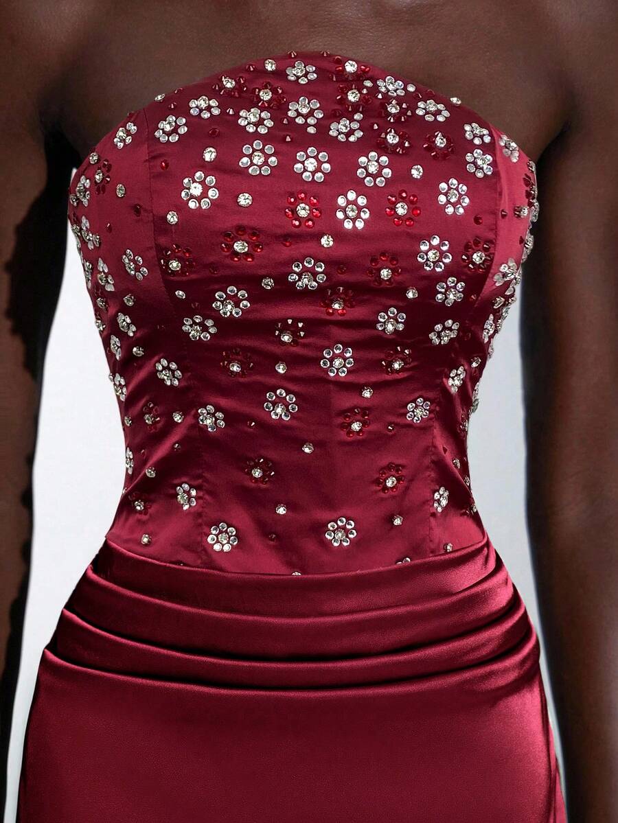 Elitara Elegante vestido largo de sirena con cintura fruncida, con adornos de strass hechos a mano y sin tirantes, adecuado para citas, vacaciones, bodas y eventos formales - Burdeos - Ver 1