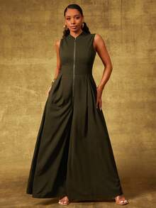 Vixey Olive Green Jersey Knit Front Zip Pleated Waist Culotte Jumpsuit, Going Out - Dark Green - View 1