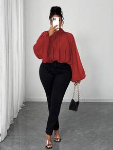 Maweii Blus Fashion Longgar Berlipit Lengan Lentera Leher Tinggi Warna Polos untuk Wanita Ukuran Plus, Warna Natal - Merah - View 3
