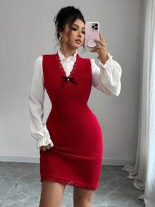 Elenzga Women's Solid Color Elegant Knit Sweater Dress - Red - View 1