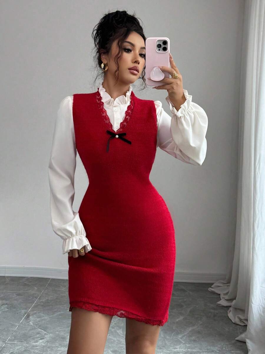 Elenzga Women's Solid Color Elegant Knit Sweater Dress - Red - View 1