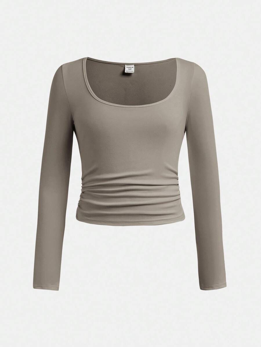 SHEIN Girlism Áo thun cổ vuông dài tay thoải mái, tối giản, ôm vừa vặn dành cho bé gái tuổi teen - Màu Khaki - Xem 1