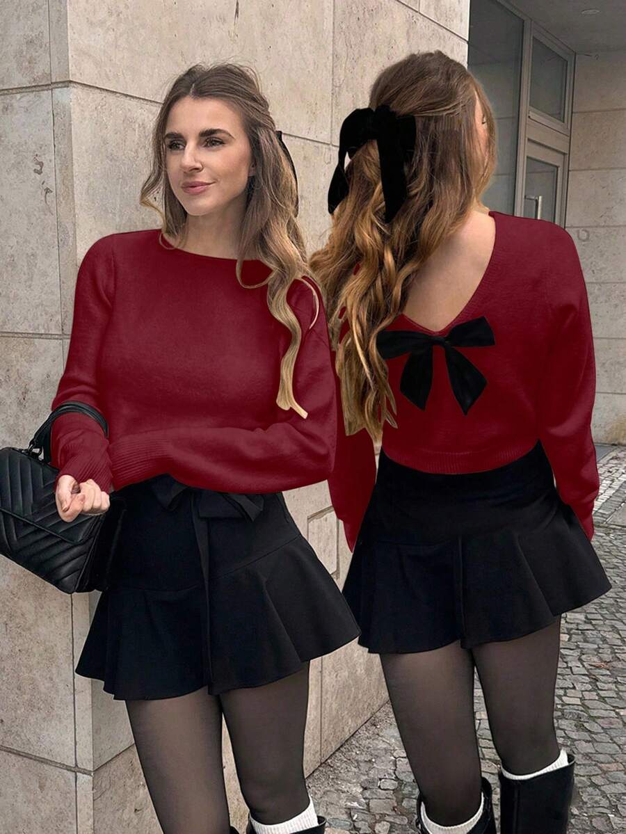 Pariaura 女士圆领长袖休闲针织毛衣，V 形露背设计，带蝴蝶结装饰 - 紅色 - 查看 1