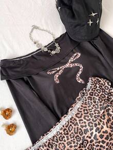 3pcs Teen Girl Casual Chic Street Style Leopard Print Foldover Off Shoulder Long Sleeve T-Shirt Fall Winter - Multicolor - View 4