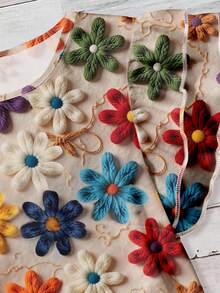 EMERY ROSE 大码女装日常休闲优雅复古度假风热带仿羊毛花卉图案圆领双层小飞袖宽松衬衫，女装夏装，女 - 彩色 - 查看 6