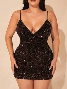 SHEIN BAE Váy ngắn dây mảnh đính sequin thanh lịch cỡ lớn dành cho nữ, dự tiệc tốt nghiệp, dạ hội, tiệc Halloween, màu xanh lá cây, váy sinh nhật dành cho nữ - Cà phê nâu - Xem 7