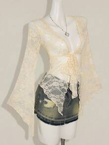 SHEIN ICON Y2k Women's Western Country Concert Boho Hippie Goth Sheer Beige Sexy Lace Twist Front Long Sleeve Cardigan - Apricot - View 6