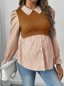 SHEIN Maternity Striped Lapel Gigot Sleeve Casual Nursing Top - Brown - View 5