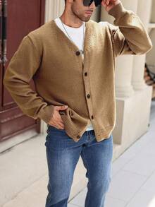 Manfinity Homme Plus Size Men's Solid Color V-Neck Button-Front Long Sleeve Cardigan, Fall/Winter