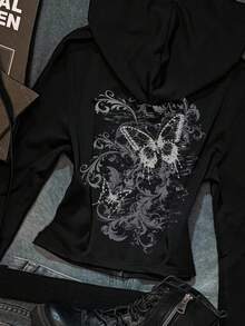 Attitoon Áo hoodie tay dài ôm sát màu đen, họa tiết bướm Punk cổ điển đơn giản, thoải mái cho mùa thu/đông - màu đen - Xem 3