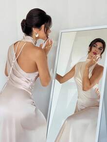 Firerie Women's Casual Elegant Backless Pearl Chain Dress / Imitation Silk Material Satin Texture / Carnival Party Season / Party Outfit / Wedding Guest Dress / Prom Dress / Party, Date, Coming Of Age Ceremony / New Year Dress / Shiny Dress / Champagne Dress / Luxury Evening Dresses For Women