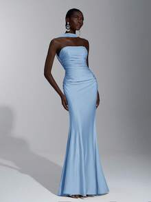 SHEIN Belle 优雅、浪漫、性感、简约、浅黄色针织弹力露肩露背紧身连衣裙，时尚、网红风格，适合节日、派对、婚礼、伴娘 - 藍色 - 查看 7