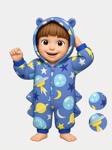 Young Boy Stylish Spaceship Graphic Hooded Warm Fleece Jumpsuit