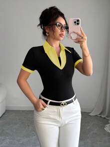 Rafferiza 女士端庄复古风格二合一商务休闲 T 恤，适合办公室、返校季 - 黃色 - 查看 5