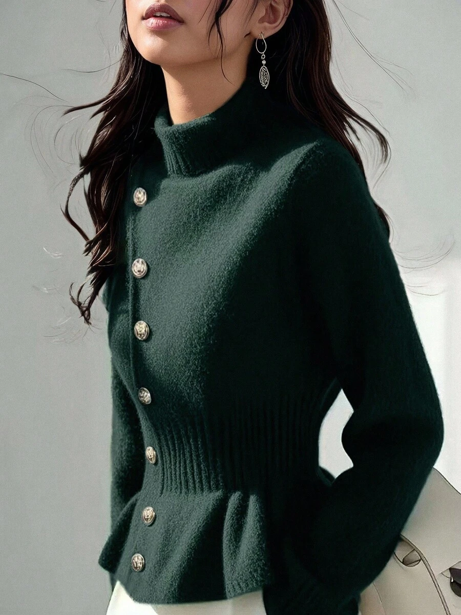Selianne Elegant Bell Sleeve Cinched Waist Green & Gold Decorative Button Sweater, Autumn/Winter Fall Cloth For Women - Green - View 1