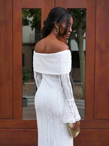 Yess Loren Women's Elegant Off Shoulder White Lace Long Sleeve Maxi Mermaid Dress, Suitable For Wedding, Party, Bridesmaid Dress,White Graduation Dress - White - View 3