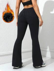 Damen Lässig Alltagsoutfit einfache unifarbene Thermojeans mit Glockenform, Herbst/Winter - Schwarz - Übersicht 2