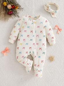 SHEIN 新生女婴樱桃图案圆领长袖前拉链针织连体衣带头带 2 件套 - 彩色 - 查看 1