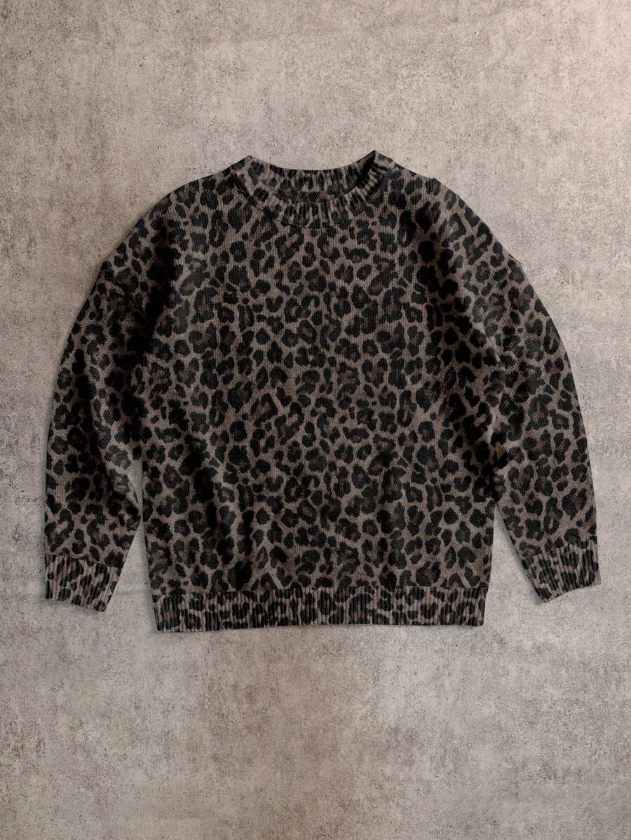 Attitoon Casual Vintage Style Sexy Dark Brown Leopard Print Pattern Women Sweater, Suitable For Fall/Winter, Vintage, Sexy, Cute, Y2K, Coconut Girl, Boho, Hippie Style, Music Festival - Multicolor - View 1