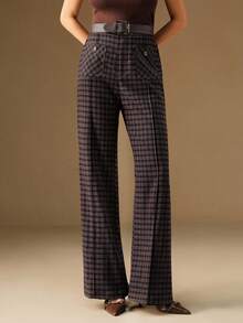 Anewsta 现代简约格子女式西装裤 - 摩卡棕 - 查看 6