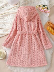 Girls' Pink Solid Color Cute Fluffy Long Sleeve Hooded Robe - Pink - View 2