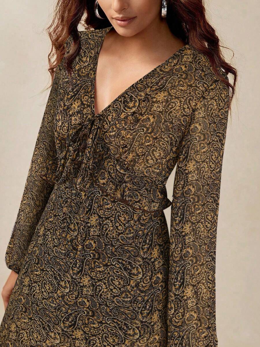 Florisole 女式优雅休闲佩斯利花纹荷叶边下摆长袖收腰连衣裙 - 咖啡 - 查看 1