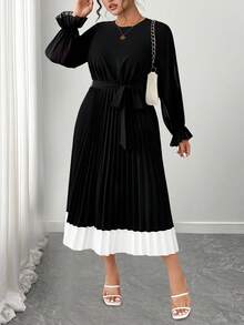 SHEIN Elenzya 大码女式拼色圆领长袖褶边优雅连衣裙 - 黑色 - 查看 3
