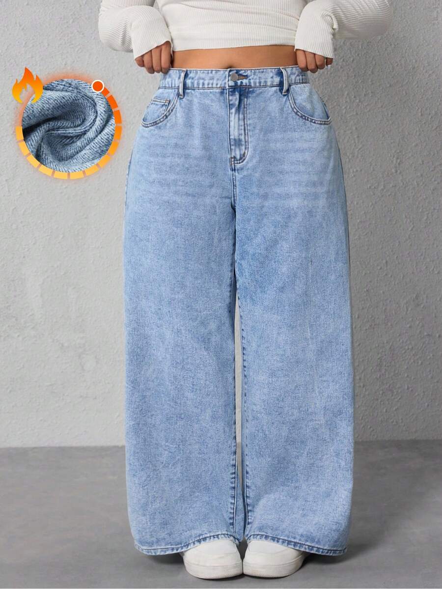 SHEIN ICON 大码女式时尚休闲浅色宽松牛仔裤 - 淺色水洗藍 - 查看 1