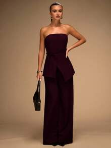 SHEIN BAE Bộ áo liền quần liền thân màu trơn gợi cảm thời trang dành cho nữ - Màu đỏ tím - Xem 3