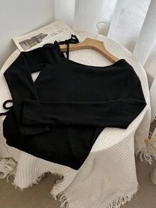 DAZY 女士休闲纯色不对称肩带长袖T恤露肩上衣可爱上衣 - 黑色 - 查看 3