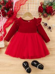 SHEIN Babygirl 优雅天鹅绒和网眼拼布长袖连衣裙 - 紅色 - 查看 3