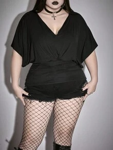 ROMWE Deep V-Neck Batwing Sleeve Loose Ruched Stretchy Plus Size T-Shirt - Black - View 5