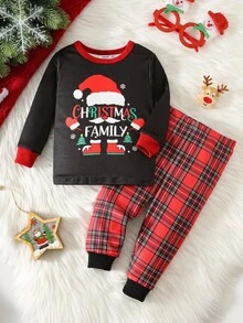 SHEIN 3 件套男婴紧身圣诞老人图案针织柔软圆领长袖上衣和红色格子松紧腰裤紧身睡衣套装，爸爸和我配套服装（单独出售） - 彩色 - 查看 3