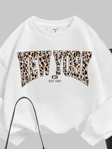 Slaydiva 2pcs Women Plus Size White Winter Basic Casual Everyday Back-To-School Leopard New York Slogan Print Loose Crew Neck Sweatshirt And Leggings Set - Multicolor - View 3