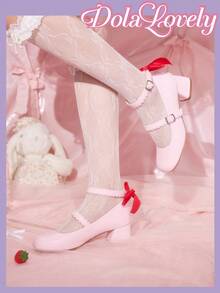 Dola Lovely 女士蝴蝶结玛丽珍鞋，圆头扣带粗跟浅口鞋，时尚百搭白色鞋子 - 粉色 - 查看 3