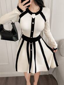 Feyla 女式优雅 3D 花卉装饰圆领插肩袖针织连衣裙，秋季 - 杏色 - 查看 2