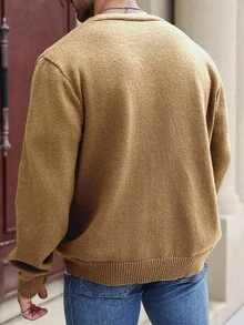 Manfinity Homme Plus Size Men's Solid Color V-Neck Button-Front Long Sleeve Cardigan, Fall/Winter