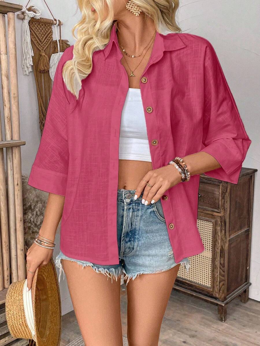 EMERY ROSE 休闲宽松七分袖纯色纽扣女式衬衫 - 紅色 - 查看 1