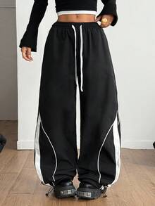 Coolane Quần ống rộng màu đen phối màu đơn giản, phong cách đường phố thu/đông dành cho nữ, lễ hội Y2K cổ điển, trang phục cơ bản hàng ngày - màu đen - Xem 5
