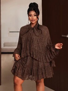 Maweii Bộ 2 món áo choàng poncho ren trơn màu thanh lịch cỡ lớn kèm chân váy - màu nâu - Xem 2