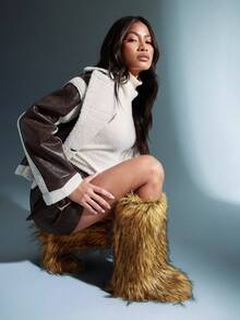 SHUZIA 女士精美绒毛人造毛皮保暖及膝冬季靴 - 駝色 - 查看 3