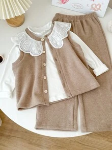 Genkimix Kids Genkimix 女童荷叶边领纯色上衣 + 碎花领装饰休闲纽扣背心 + 纯色直筒裤 3 件套