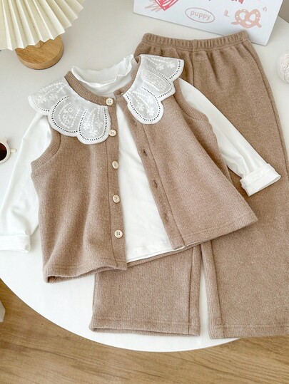 Genkimix Kids Conjunto de 3 piezas de Genkimix para niñas que incluye: Blusa de cuello con volantes, chaleco casual con decoración de cuello floral y pantalones rectos de pierna sólida