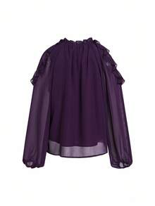 Gownix Blusa Elegante Feminina com Decote Redondo, Decoração de Pérolas, Ombros Frios, Manga Longa, Babados, Ideal para o Natal, Inverno, Outono e Inverno, Ano Novo, Ação de Graças, Festa Elegante, Vestido Elegante Feminino com Lantejoulas - Roxo - Visão 10