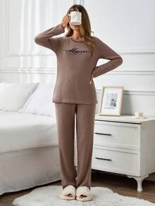 EURMUSE Conjunto de pantalón y camisa de manga larga con letras de punto acanalado para mujer, ropa de estar en casa y de descanso - Marrón - Ver 3