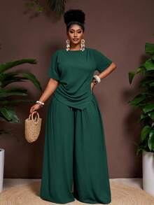 Veslaya 2026春夏新款休闲度假优雅海岛风派对纯色棕色褶皱面料露脐上衣，修身剪裁，尖下摆短袖上衣搭配松紧腰阔腿裤两件套，大码女装 - 墨綠色 - 查看 7