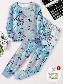 1 套青少年男童舒适睡衣，夜光视频游戏控制器印花圆领长袖上衣和长裤，春秋季 - 藍色 - 查看 3