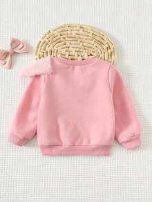 Cozy Pixies Baby Girl Plush Bow Decor Crew Neck Long Sleeve Pullover Sweatshirt, Versatile And Comfortable Autumn Winter Clothes For Women - Pink - View 2