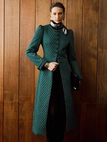 Arave 女式长款绗缝菱形格纹收腰泡泡袖夹克，秋冬 - 墨綠色 - 查看 3