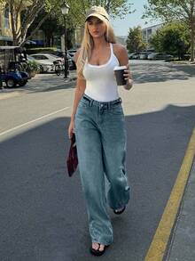 EURMUSE RueChic 100% Cotton Low Waist Wash Detailed Wide Leg Jean - Dusty Blue - View 5